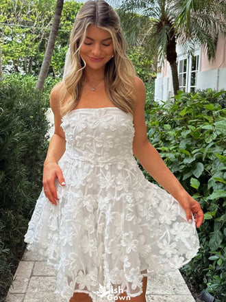 Elegant Strapless Square Lace A-line Mini Homecoming Dress,EPT322