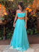 Stylish Blue Two Pieces Spaghetti Straps Straight Neck A-line Long Party Dress Prom Dresses,Evening Dress Online, WGP892