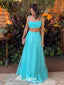 Stylish Blue Two Pieces Spaghetti Straps Straight Neck A-line Long Party Dress Prom Dresses,Evening Dress Online, WGP892