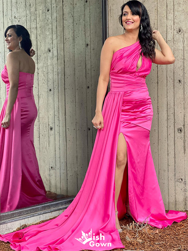 Elegant Pink Mermaid One Shoulder Side Slit Long Sleeveless Long Party Prom Dresses,Evening Dress Online, WGP747