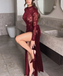 Sexy Red Halter Long Sleeve Mermaid Side Slit Long Prom Dress Ideas, Evening Party Dresses,WGP1733