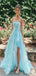 Elegant Light Blue A-Line Spaghetti Straps Side Slit Long Maxi Prom Dresses,Evening Gowns,WGP375