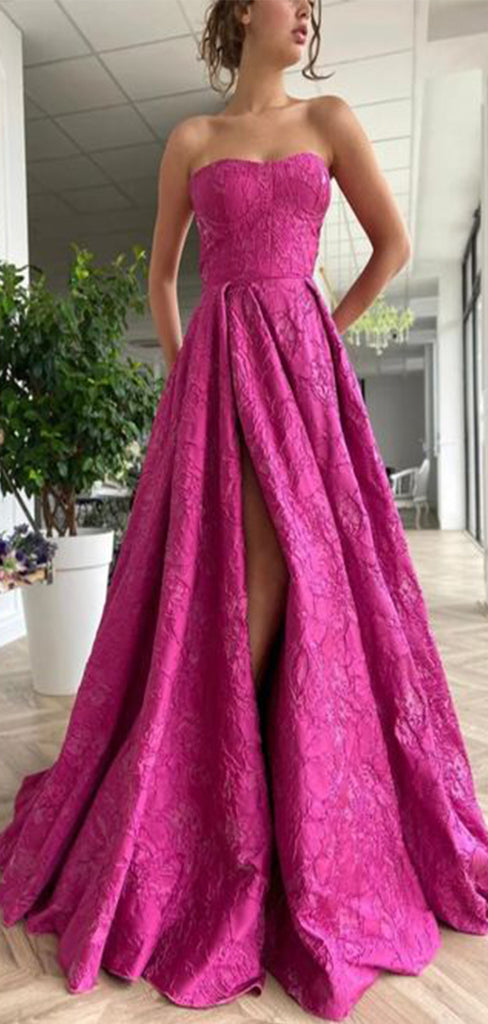 Beautiful Pink A-Line Strapless Side Slit Lace Popular Long Evening Dresses, Formal Dresses, Birthday Party, WGP553