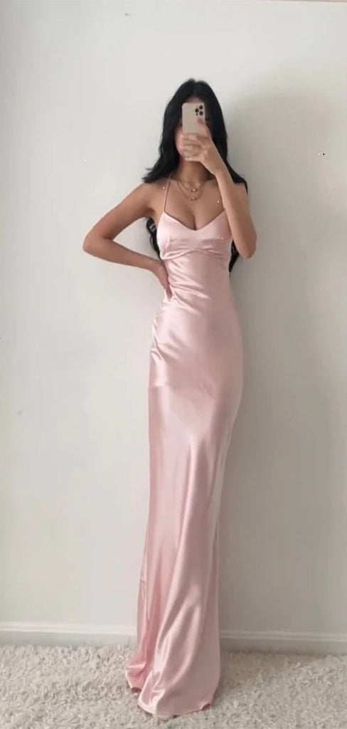 Elegant Pink Mermaid Halter Sleeveless Satin Long Formal Prom Dresses,Evening Gowns,WGP328