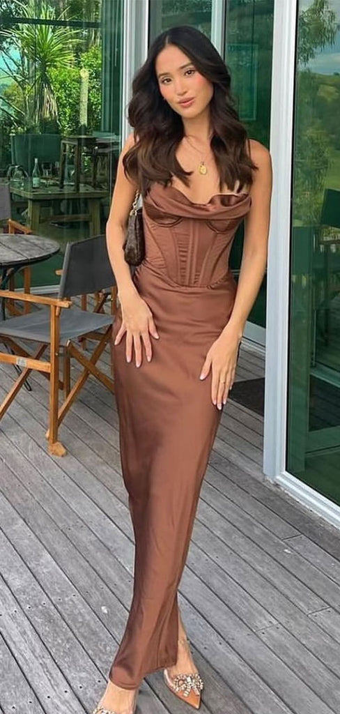 Elegant Brown Spaghetti Strap Mermaid Long Prom Dress Ideas, Evening Party Dresses,WGP1734