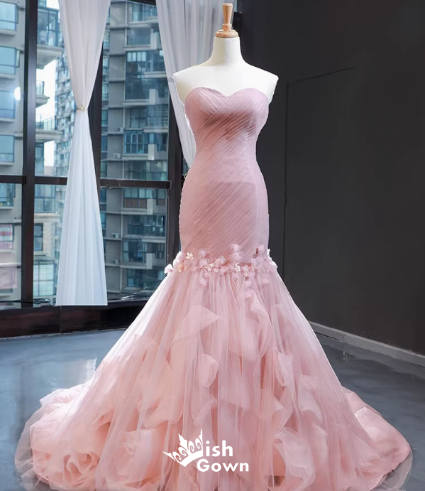 Elegant Pink Floral Strapless Sweetheart Mermaid Lace up Back Party Dress Long Prom Dresses to Impress, WGP947