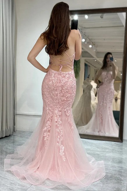 Beautiful Pink Floral Applique V-Neck Prom Dress Sheer Bodice Tulle Mermaid Gowns,WGP2181