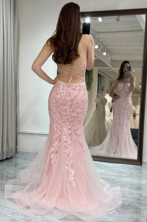 Beautiful Pink Floral Applique V-Neck Prom Dress Sheer Bodice Tulle Mermaid Gowns,WGP2181