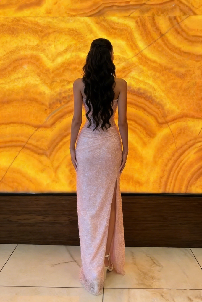 Unique Lace Corset Prom Dress Sweetheart Sleeveless Pink Sheath Dress with Side Slit, WGP2044