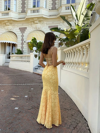 Pretty Yellow Jacquard Mermaid Prom Dress Elegant Square Neck Sleeveless Gown,WGP2158