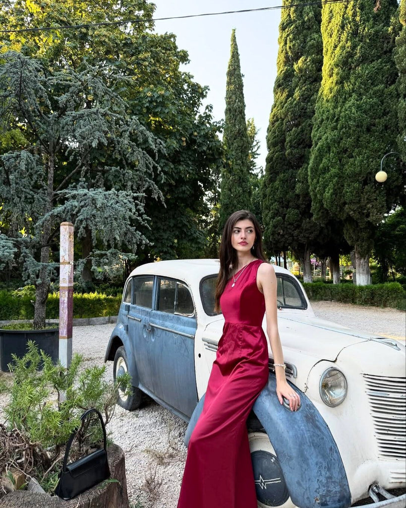 Elegant Silk Satin One Shoulder Prom Dress Sleeveless Slim Fit Floor Length Evening Gown,WGP2058