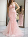 Beautiful Pink Floral Applique V-Neck Prom Dress Sheer Bodice Tulle Mermaid Gowns,WGP2181