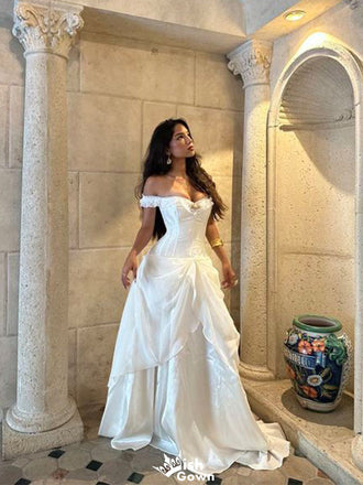 Elegant White Off-Shoulder A-Line Long Prom Dress Ideas, Evening Party Dresses,WGP1796