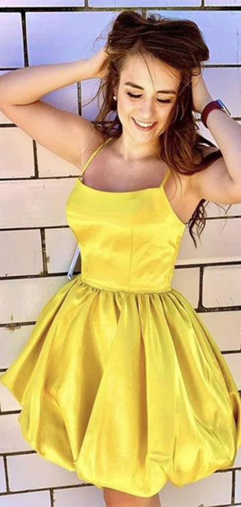 Elegant Yellow Spaghetti Strap Ball Gown Square Popular Cheap Short Homecoming Dresses, EPT288