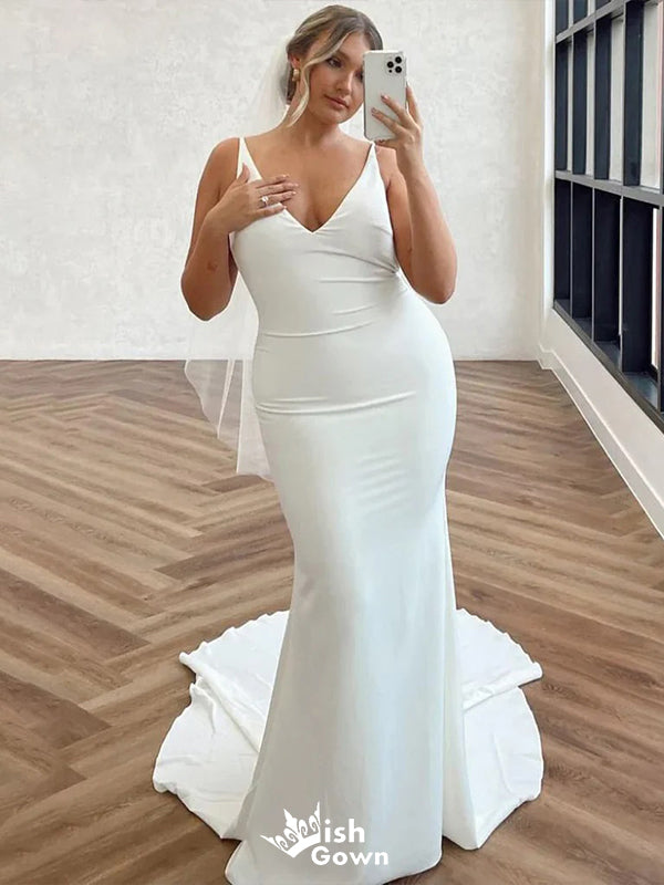 Sexy Mermaid Spaghetti Straps V Neck Backless With Train Popular Bridal Long Wedding Dresses, WDH112