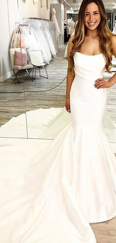 Simple Mermaid Strapless Sleeveless With Train Popular Bridal Long Wedding Dresses, WDH115