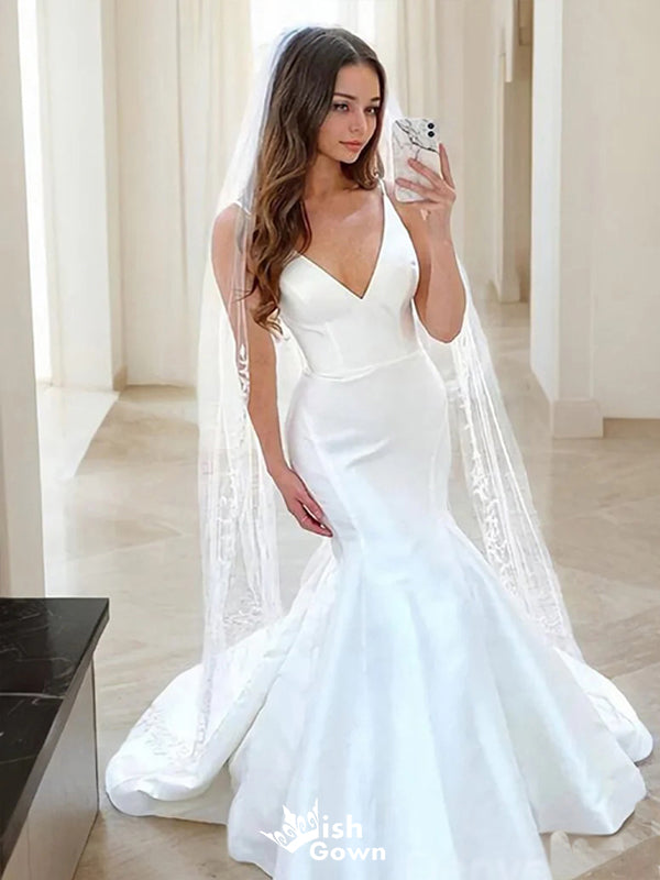 Romantic Mermaid Spaghetti Straps V Neck With Train Popular Bridal Long Wedding Dresses, WDH116