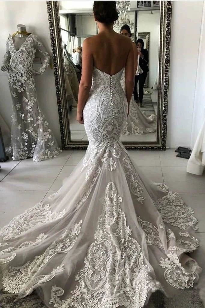 Romantic Mermaid Sweetheart Sleeveless With Trailing Applique Popular Bridal Long Wedding Dresses, WDH125