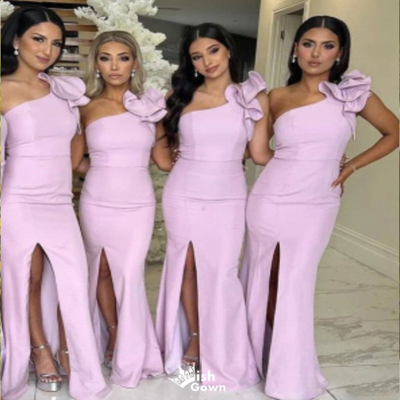 Elegant Mermaid One Shoulder Side Slit Popular Cheap Maxi Long Wedding Guest Bridesmaid Dresses,WGM251