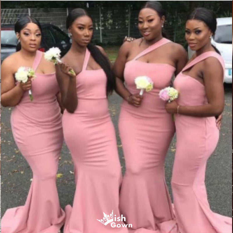 Simple Pink Mermaid One Shoulder Sleeveless Popular Cheap Maxi Long Wedding Guest Bridesmaid Dresses,WGM287