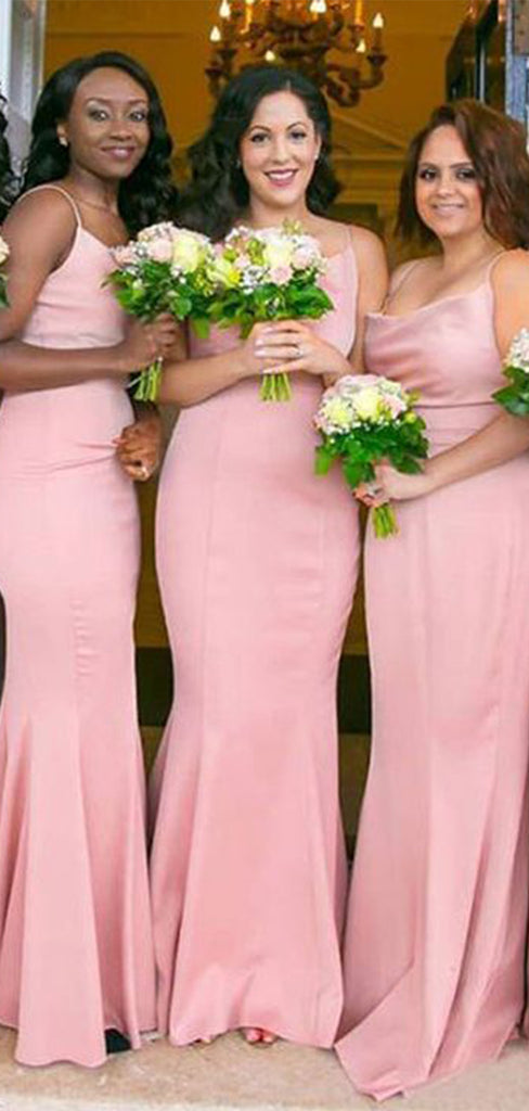 Elegant Pink Mermaid Spaghetti Straps Sleeveless Popular Cheap Maxi Long Wedding Guest Bridesmaid Dresses,WGM306