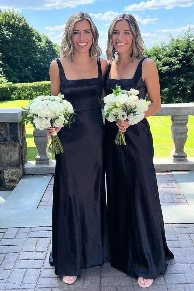 Charming Black Mermaid Spaghetti Straps Square Sleeveless Popular Cheap Maxi Long Wedding Guest Bridesmaid Dresses,WGM314