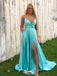 Simple A-Line Spaghetti Straps V Neck Sleeveless Side Slit Cheap Maxi Long Party Prom Gowns,Evening Dresses,WGP453