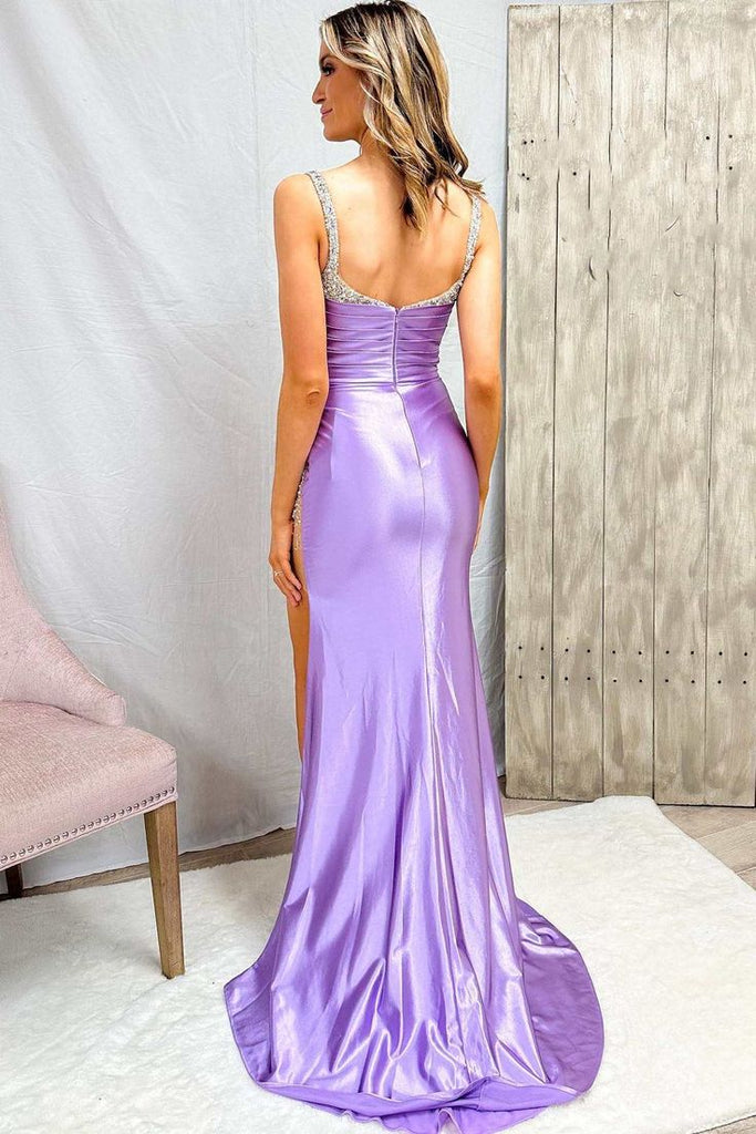 Sexy Purple Mermaid Straps Square Side Slit Rhinestone Cheap Maxi Long Party Prom Gowns,Evening Dresses,WGP458