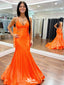 Sexy Orange Mermaid Spaghetti Straps V Neck Sleeveless Lace Up Cheap Maxi Long Party Prom Gowns,Evening Dresses,WGP511