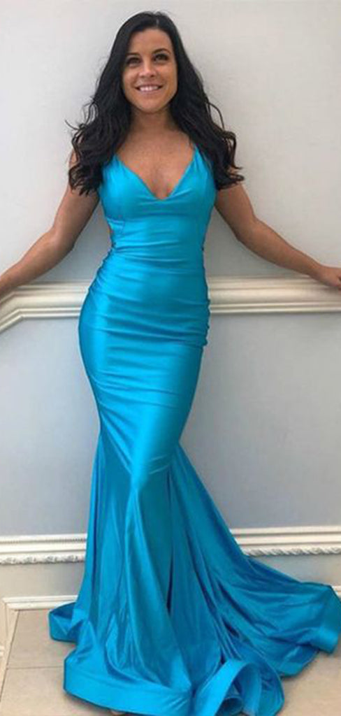 Simple Blue Mermaid Spaghetti Straps V Neck Sleeveless Cheap Maxi Long Party Prom Gowns,Evening Dresses,WGP511