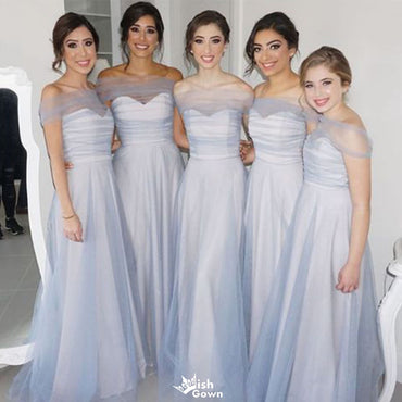 Elegant Blue Off-Shoulder Sleeveless A-Line Long Bridesmaid Dresses Online,WGM466