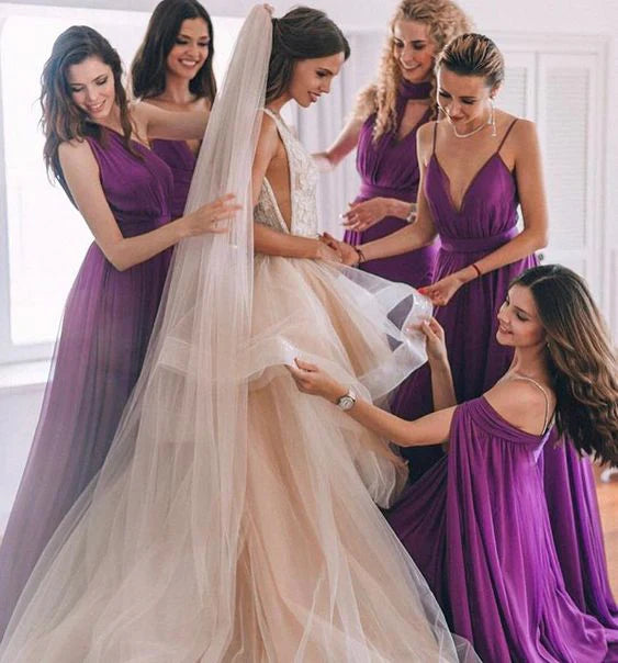 Elegant Mismatched Purple Sleeveless A-Line Long Bridesmaid Dresses Online,WGM441