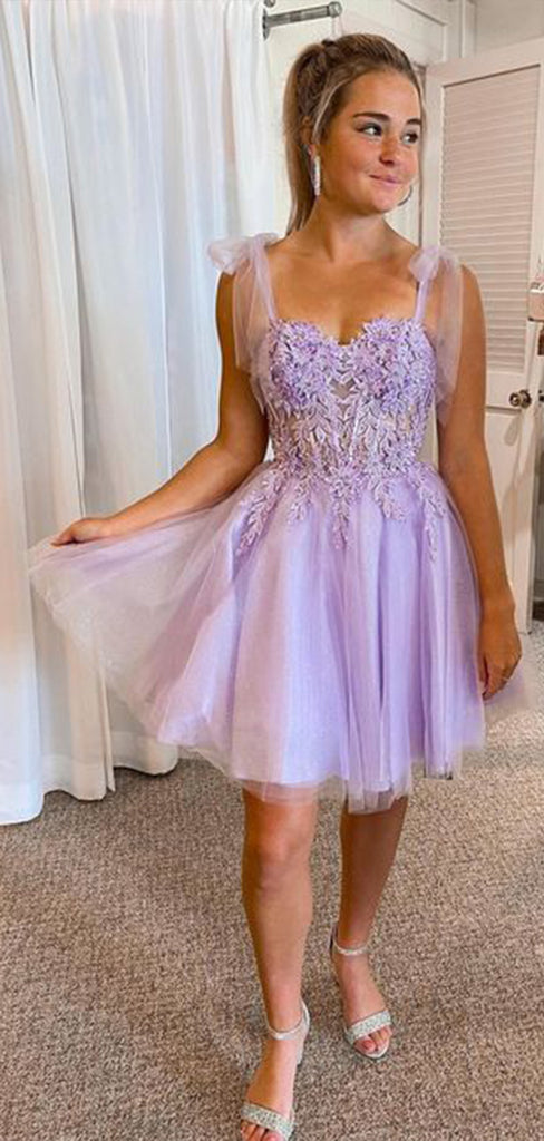 Elegant Purple Straps Sweetheart Sleeveless Applique Cheap Short Homecoming Dresses, EPT147