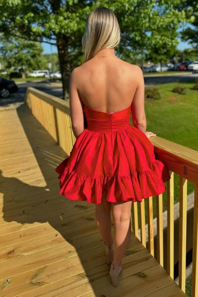 Elegant Red Strapless Sleeveless Ruffle Cheap Short Homecoming Dresses, EPT161