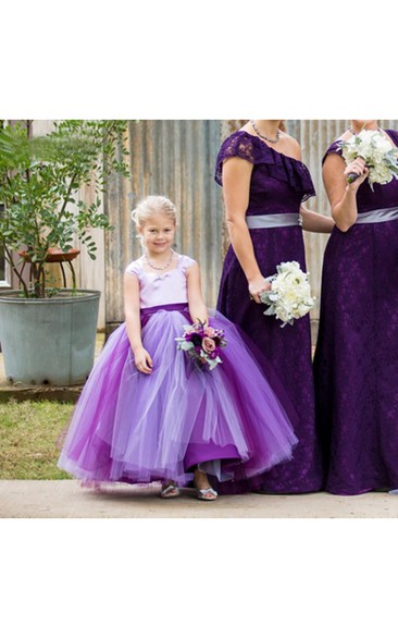 Lovely Purple Sweetheart Cap Shoulder Ball Gown Little Long Flower Girl Dresses, Wedding Flower Girl Dresses, FGD025