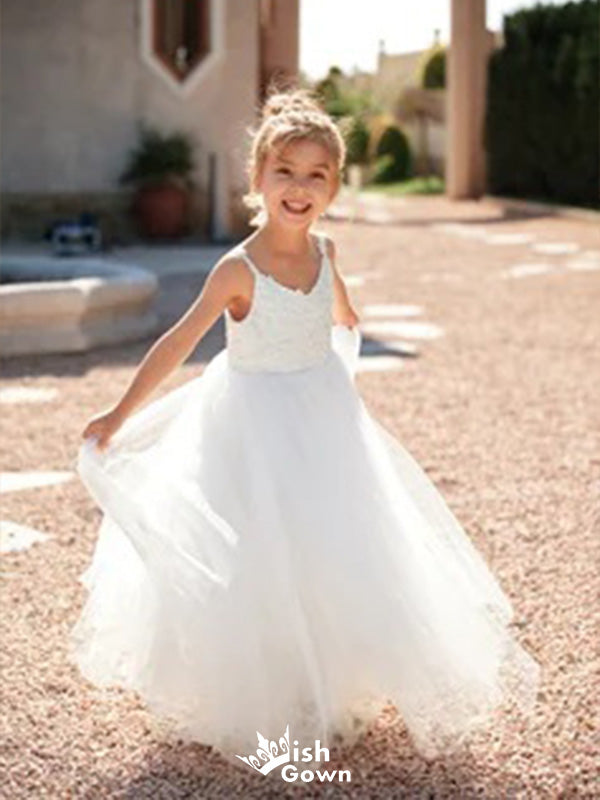 Elegant Tulle Spaghetti Straps Sleeveless Lace Applique Little Long Flower Girl Dresses, Wedding Flower Girl Dresses, FGD030