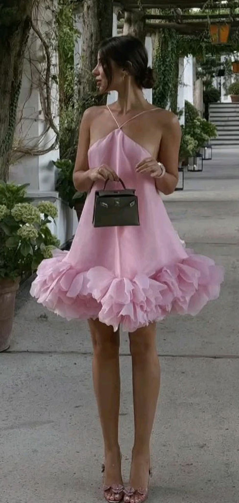 Unique Pink Floral V-Neck A-Line Short Homecoming Dresses For Birthday Party, EPT703