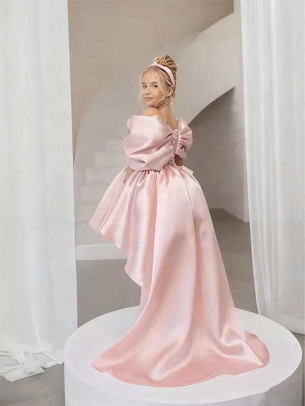 Unique Pink High Low Sleeveless Floral Long A-Line Flower Girl Dress,FG029