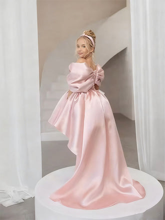 Unique Pink High Low Sleeveless Floral Long A-Line Flower Girl Dress,FG029