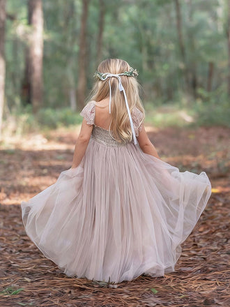 Cute Pink Short Sleeve Floral Long A-Line Flower Girl Dress, FG029