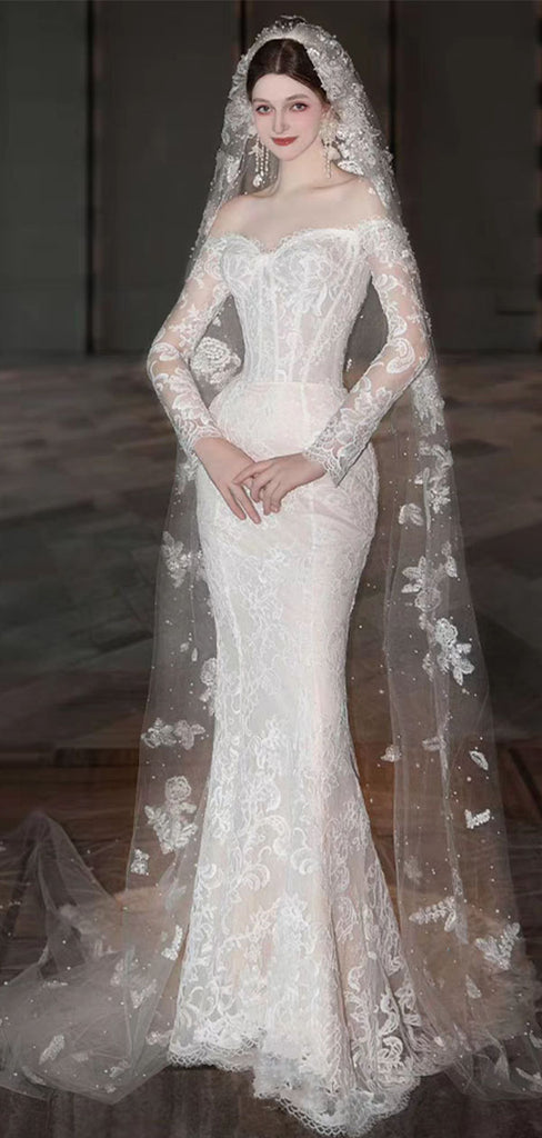 Elegant White Long Sleeve Mermaid Long Wedding Dresses With Sweep Trailing ,WDH171