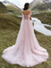 Elegnat Off-The-Shoulder Tulle Wedding Dress Pink Floral Applique Fairy Style Ball Gown,WDH190
