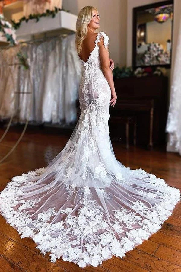 Floral White Off-Shoulder Mermaid Long Wedding Dresses With Sweep Trailing,WDH183