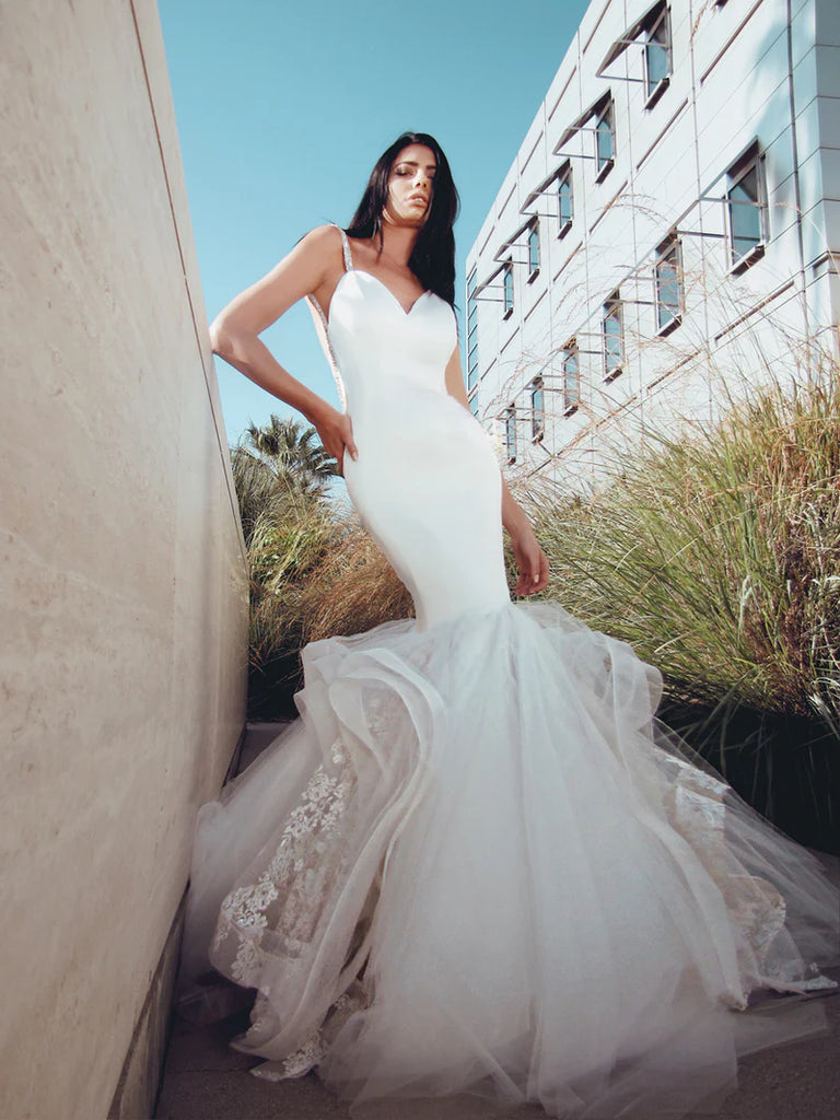 Elegant White Spaghetti Strap Mermaid Long Wedding Dresses With Sweep Trailing,WDH181