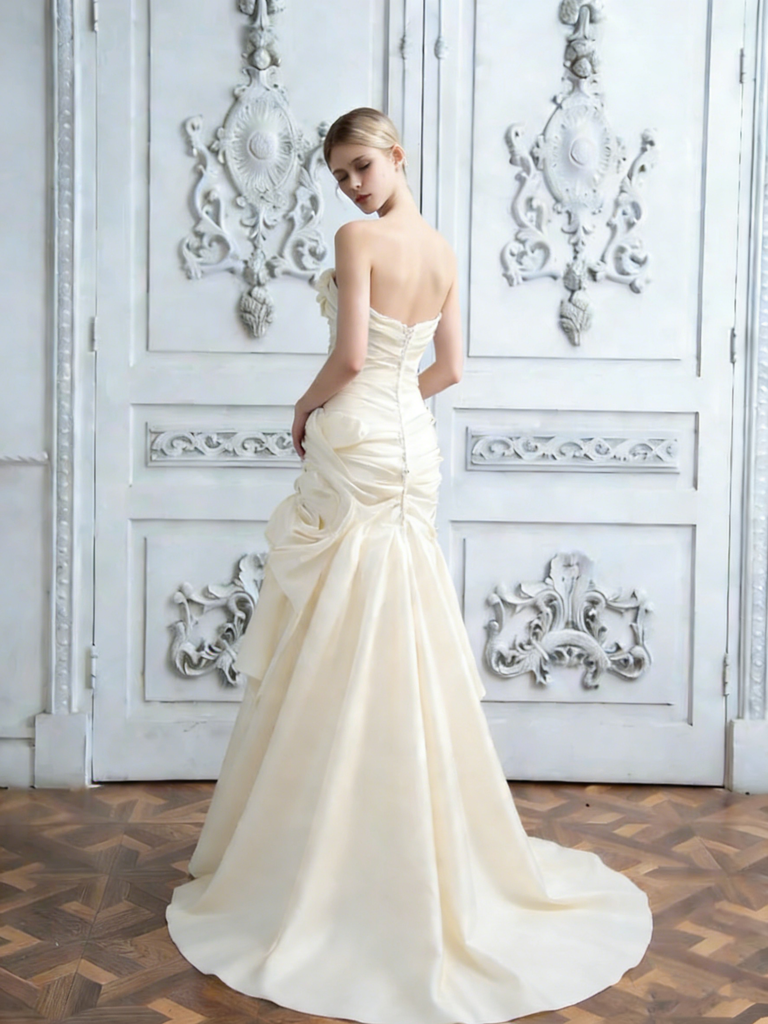 Classy Ruched Satin Wedding Prom Gown Strapless Sweetheart Neckline Mermaid Silhouette,WDH188