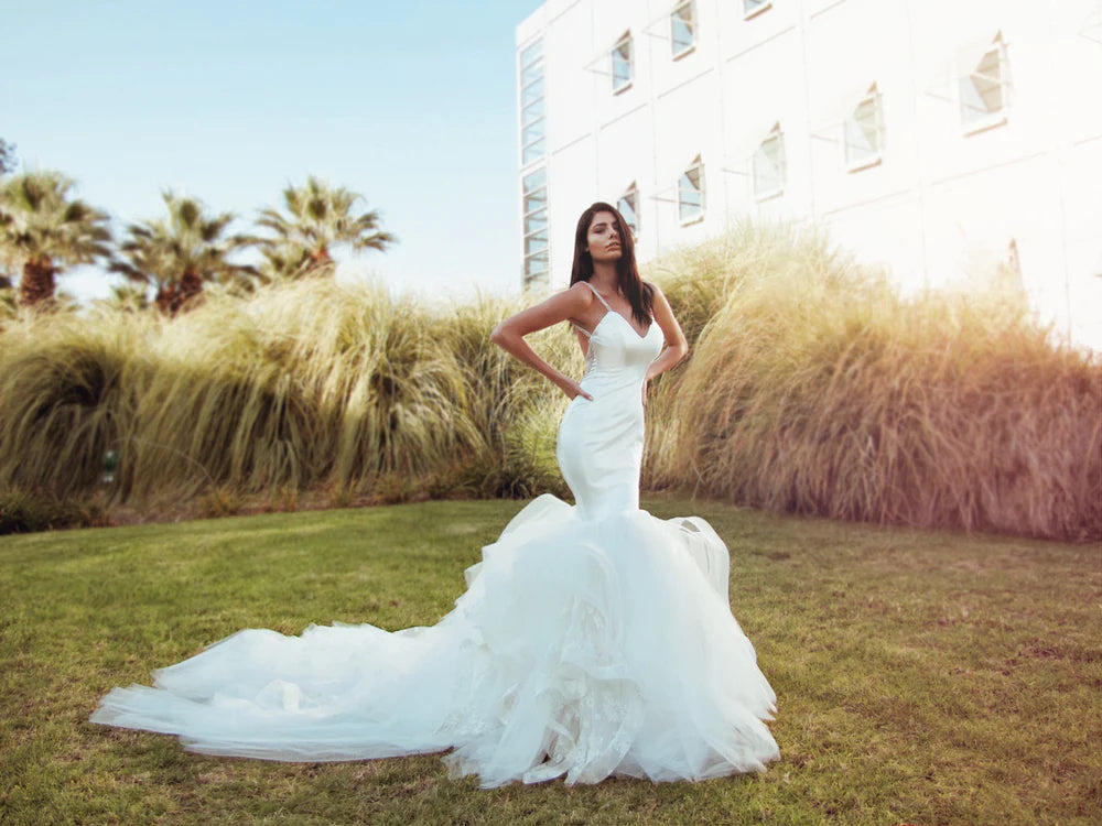 Elegant White Spaghetti Strap Mermaid Long Wedding Dresses With Sweep Trailing,WDH181