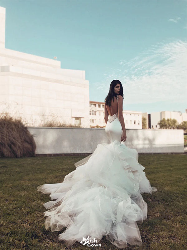 Elegant White Spaghetti Strap Mermaid Long Wedding Dresses With Sweep Trailing,WDH181