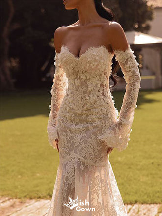 Sexy White Sweetheart Long-Sleeve Mermaid Long Wedding Dresses With Sweep Trailing ,WDH174