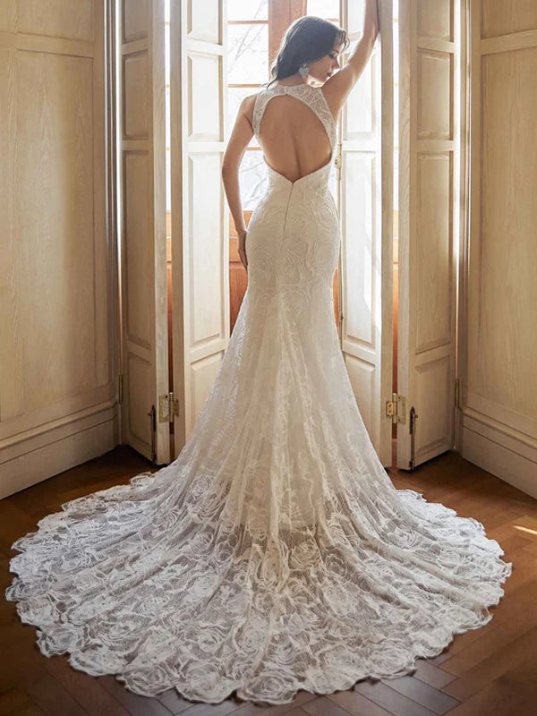 Romantic Lace Strapless Mermaid Long Side Slit With Trailing Flower Lace Popular Bridal Long Wedding Dresses, WDH157