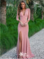 Pink Mermaid Long Sleeves V-neck Side Slit Maxi Long Party Prom Dresses,WGP278